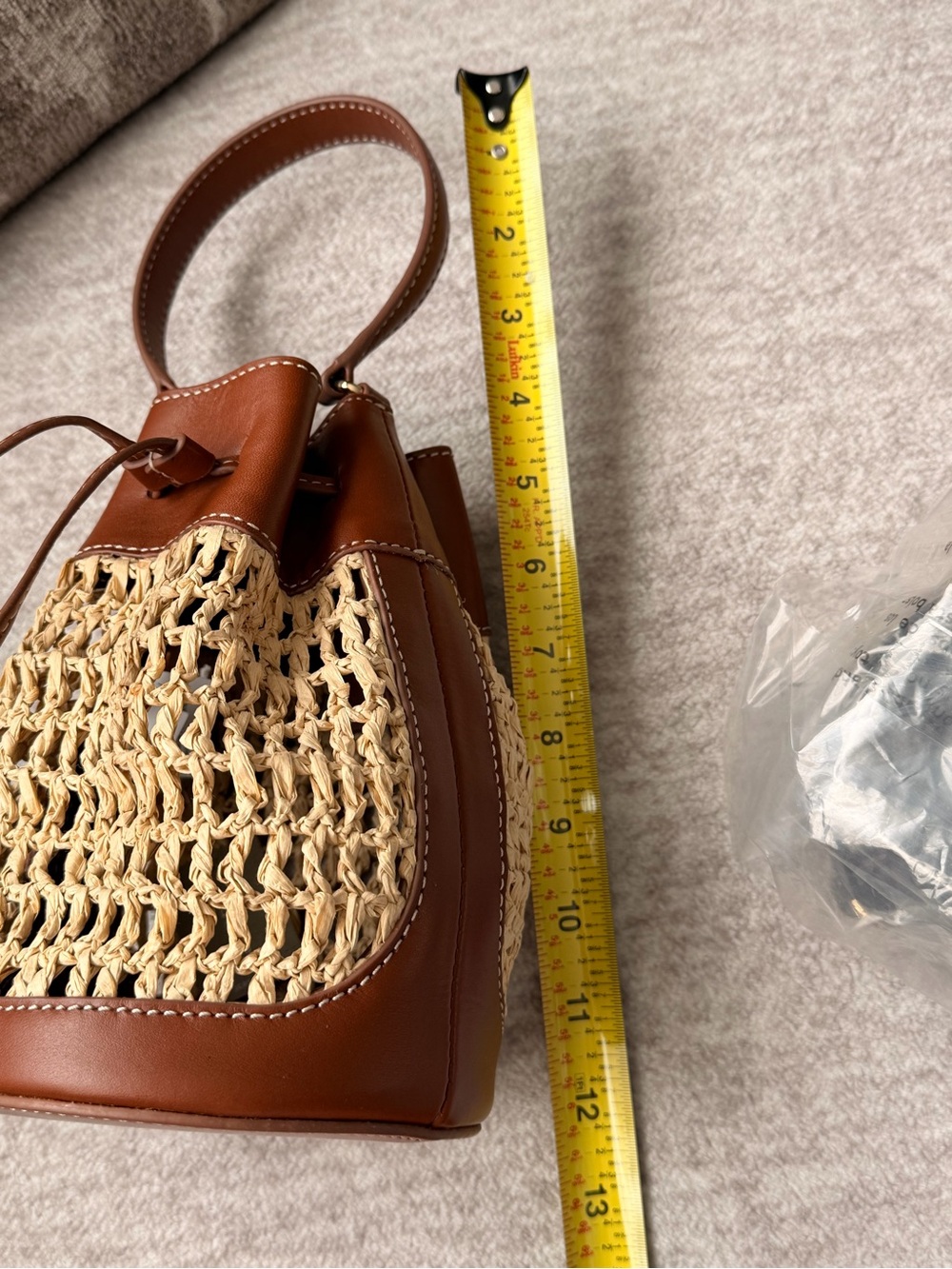 J. Crew Drawstring Brown English Saddle Leather & Straw Mini Bucket Bag #OA3 - Picture 12 of 16